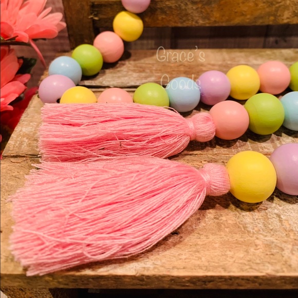72 Inch Pastel Wood Bead Garland w Pink Tassels - Picture 2 of 2